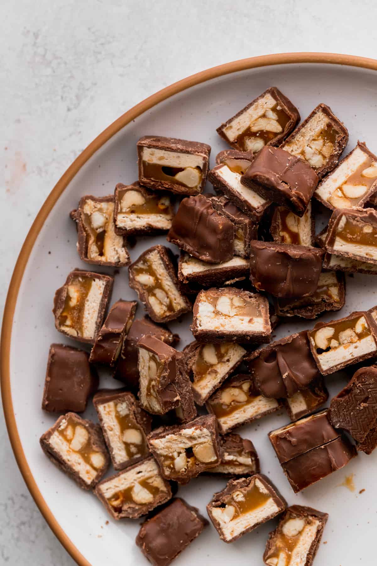 Chopped Snickers on a plate.