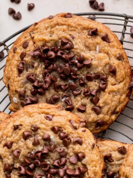 Banana peanut butter cookies on a wire rack.