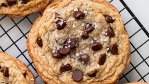The best chocolate chip cookies on a wire rack.