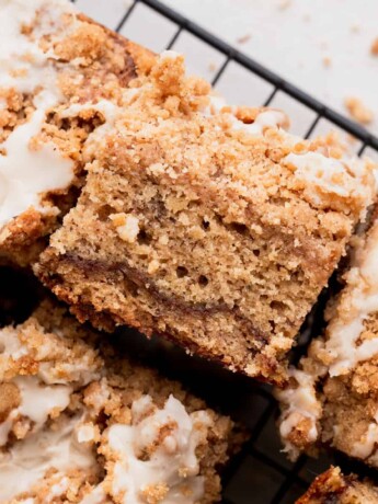 One slice of banana bread coffee cake on its side.