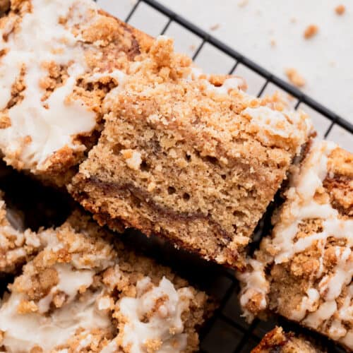 One slice of banana bread coffee cake on its side.