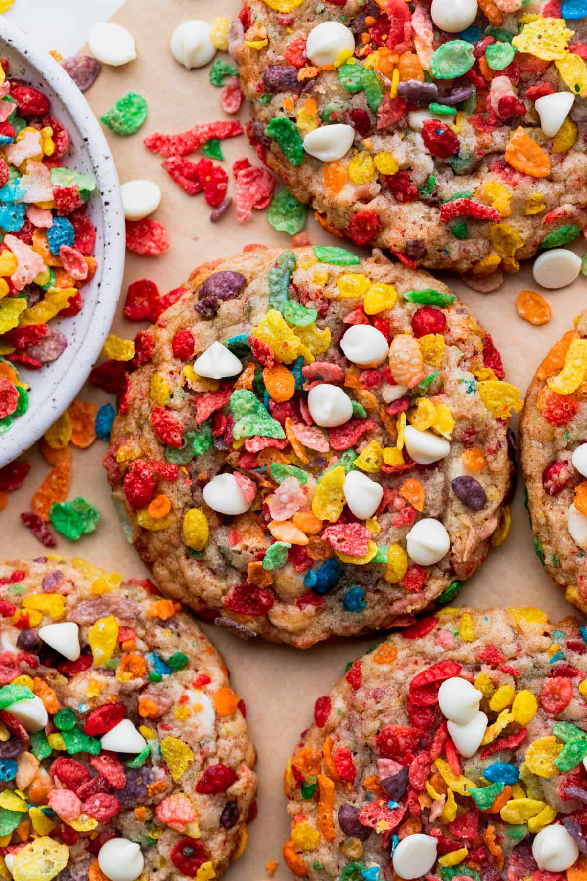 Fruity pebble cookies on a parchment paper.