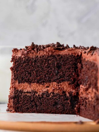 Mini chocolate cake split in half.