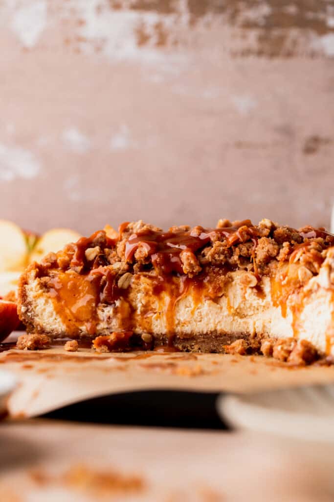 Close up of cheesecake split open.