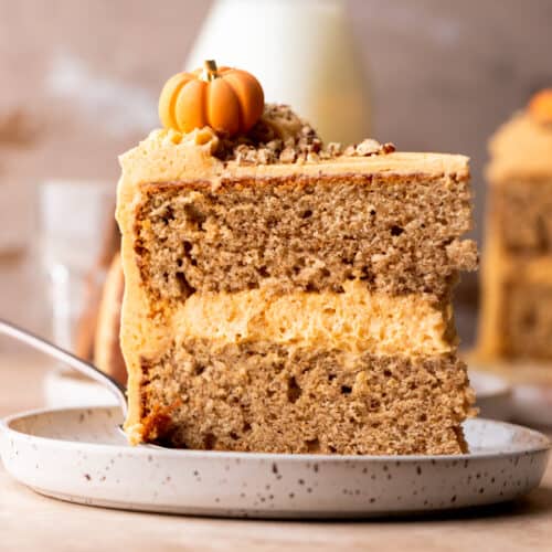One slice of chai cake on a plate.