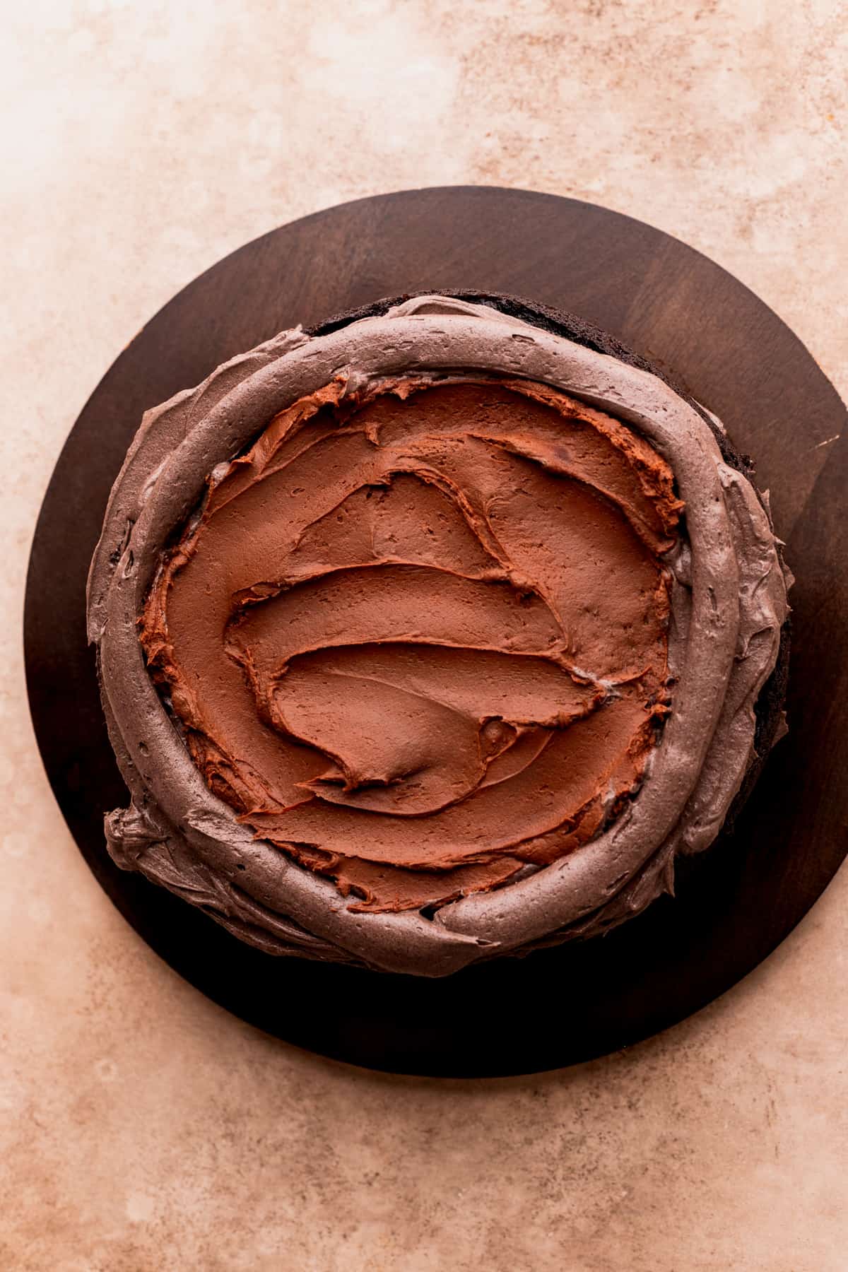 Chocolate ganache on top of cake layer.