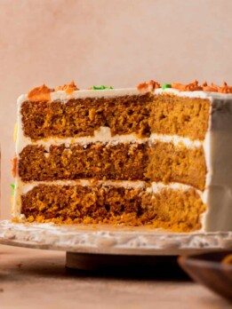 Pumpkin carrot cake cut in half.