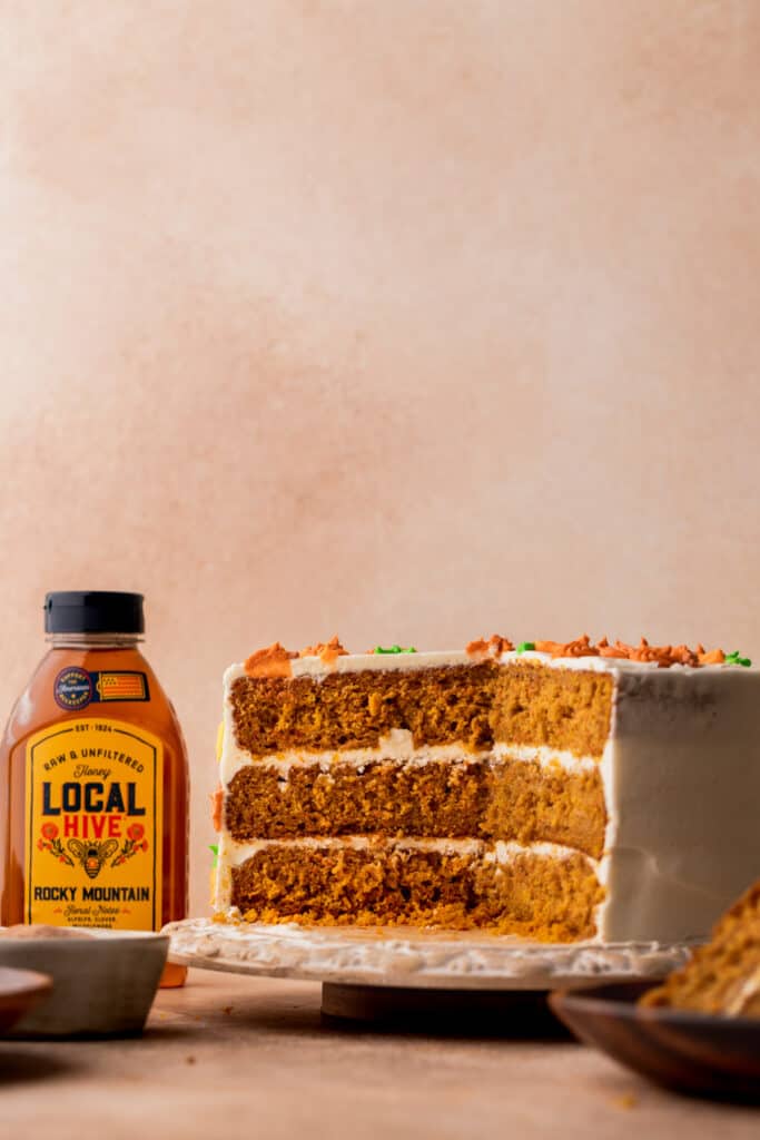 Pumpkin carrot cake cut in half.