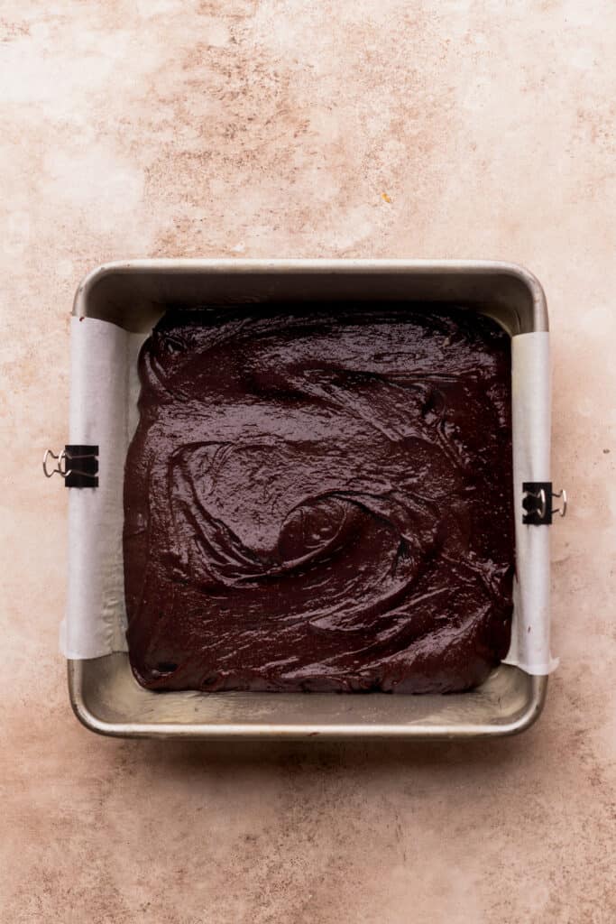 Brownie batter in the pan.