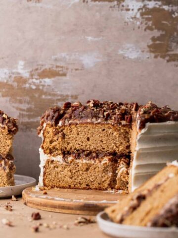 Close up of cake cut in half.