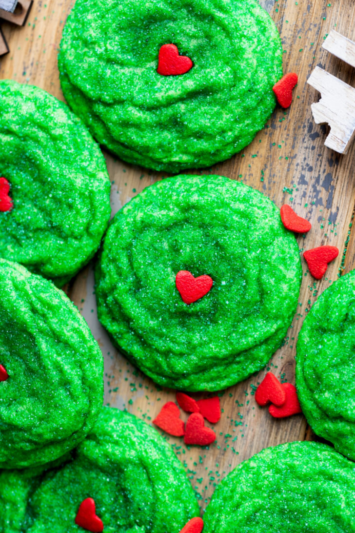Top view of Grinch cookies.