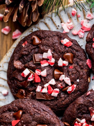 Chocolate peppermint cookies on a gray plate.