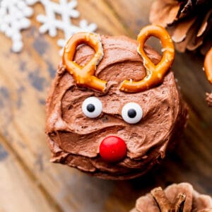 Close up of reindeer cupcake.