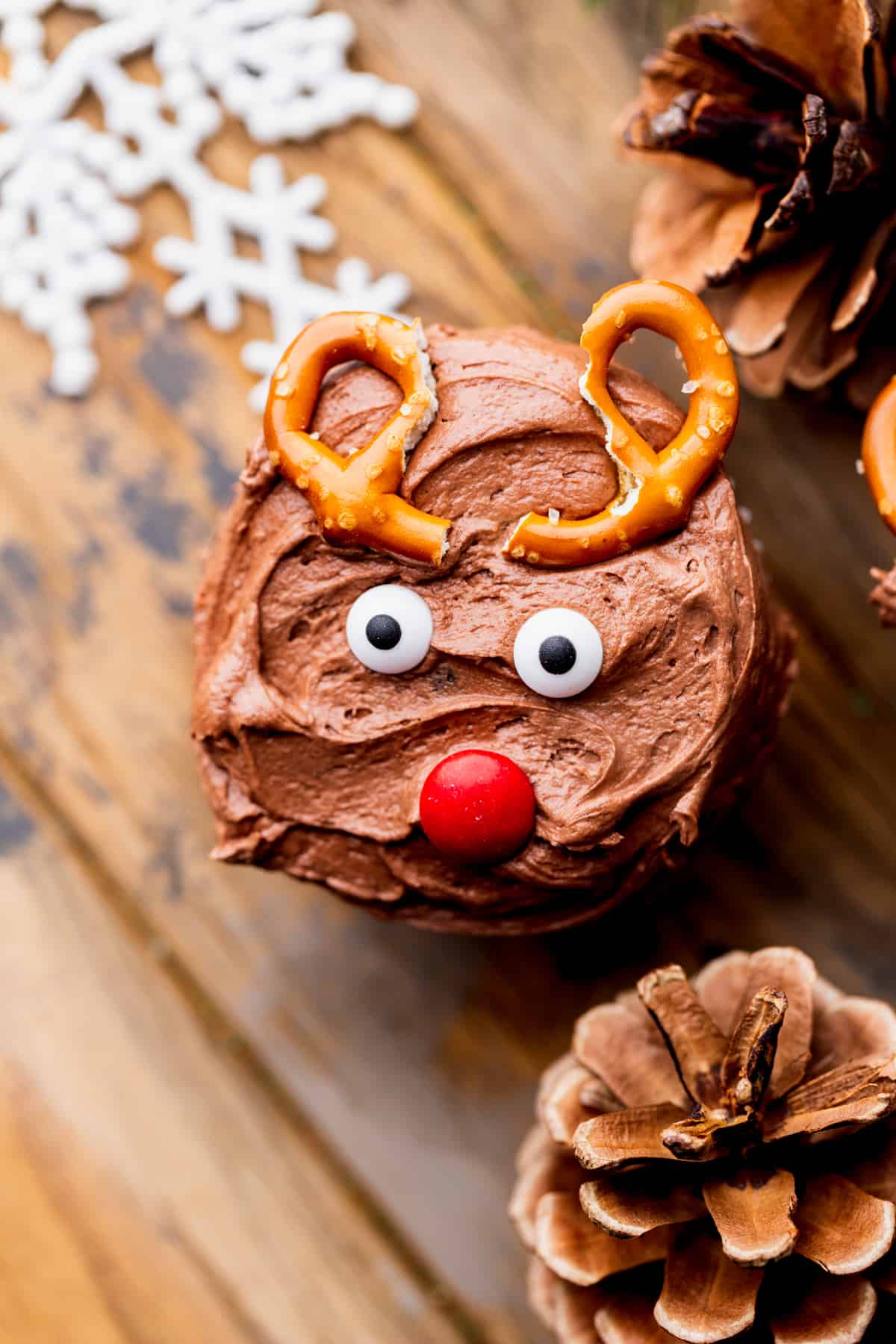 Close up of reindeer cupcake.