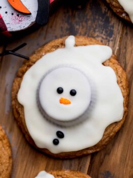 Close up of snowman cookies.