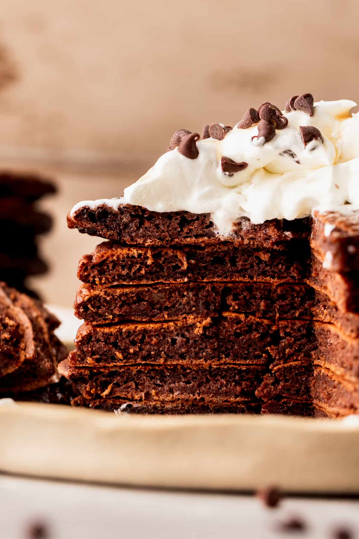 Close up of chocolate pancakes.