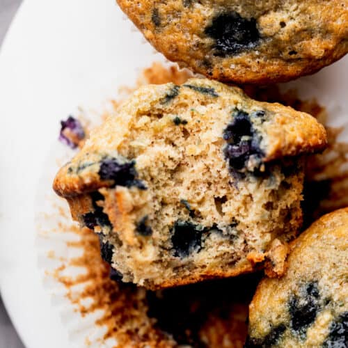 Close up of banana blueberry muffin.