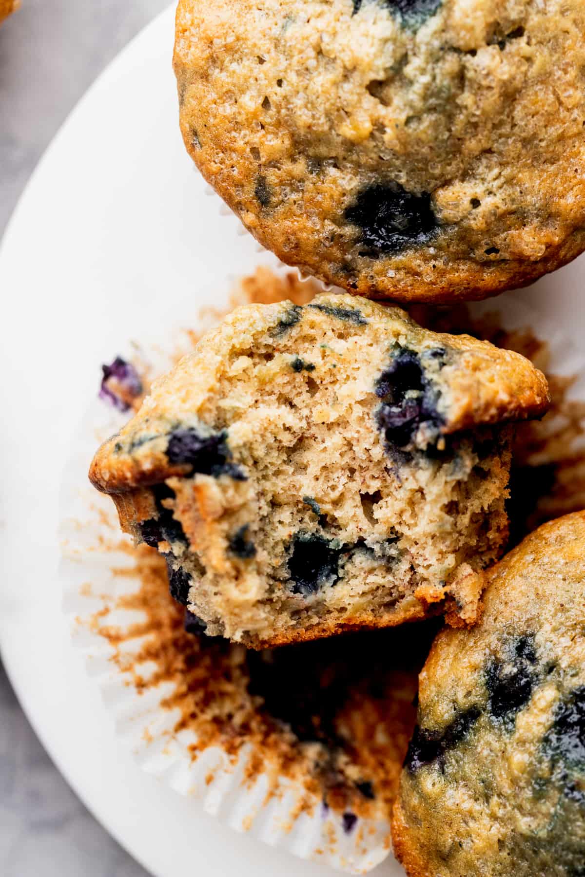 Close up of banana blueberry muffin.