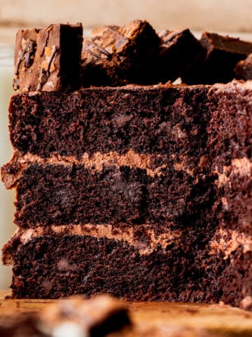 Close up of brownie cake split open.