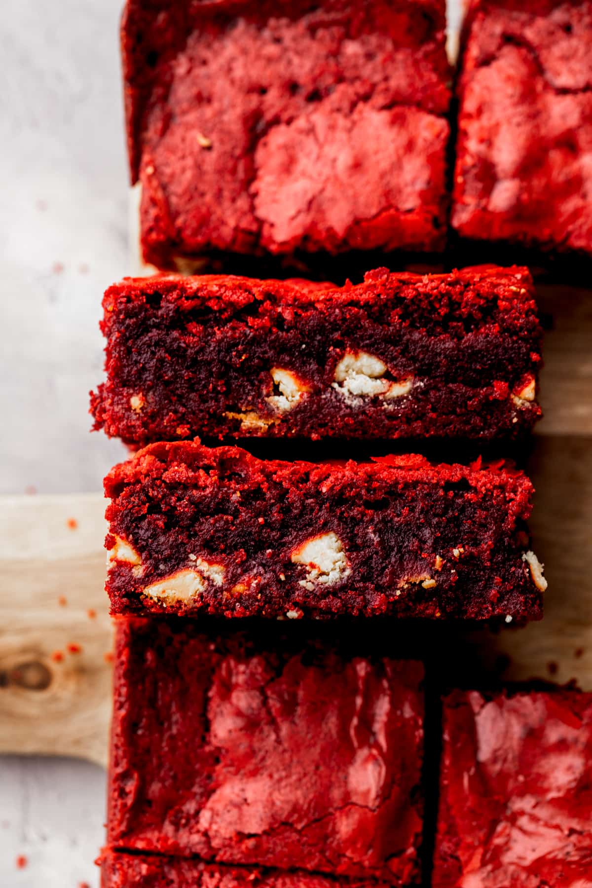 Two red velvet brownies on its side.