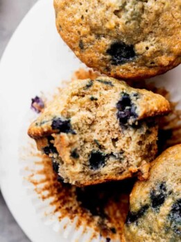 Close up of banana blueberry muffin.