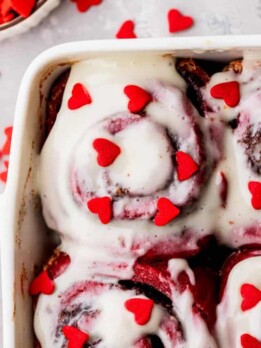 Top view of red velvet cinnamon roll dough.
