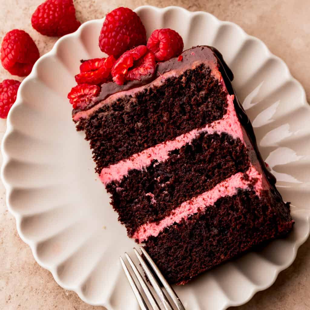 Chocolate raspberry cake slice on a plate.