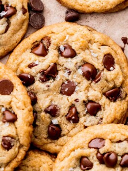 Array of eggless chocolate chip cookies.