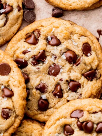 Array of eggless chocolate chip cookies.