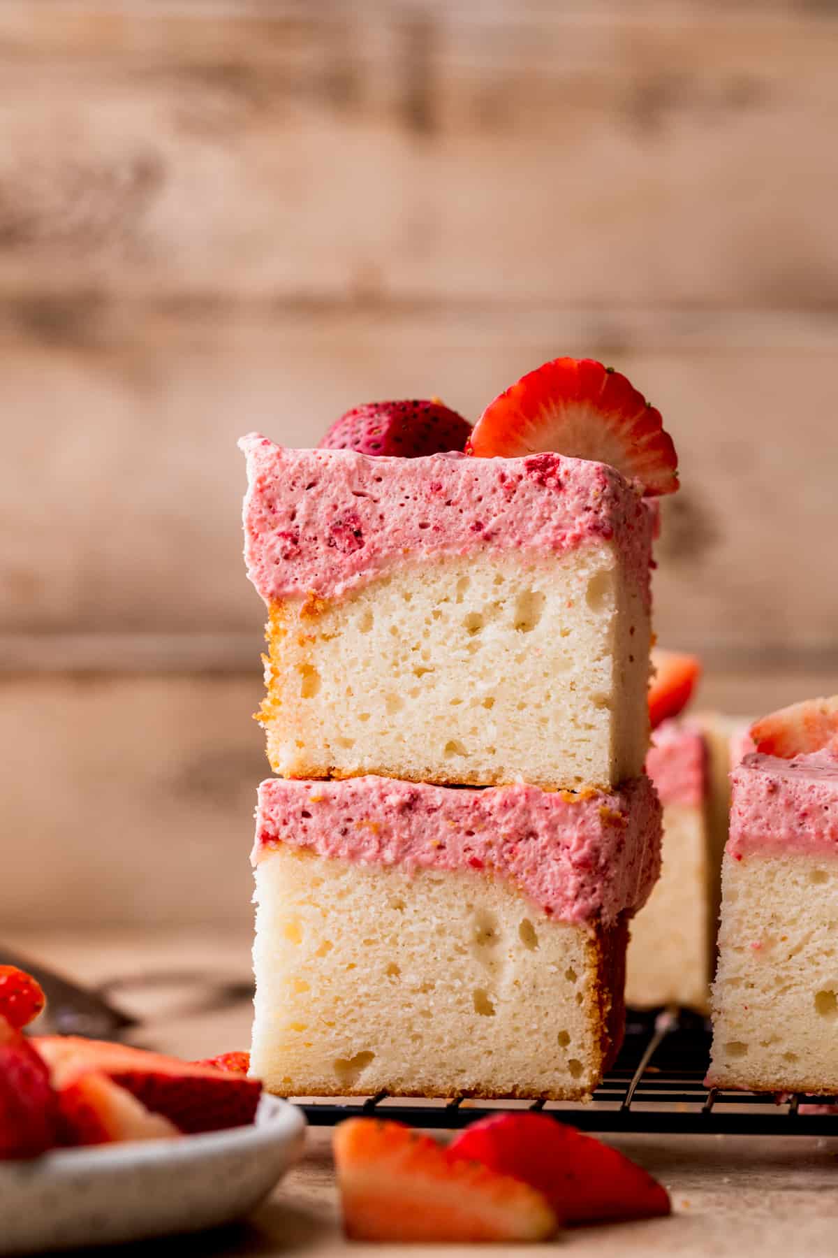 Stack of two strawberry mousse cake.
