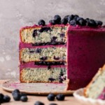 Blueberry cake on a platter opened up.