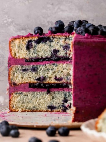 Blueberry cake on a platter opened up.
