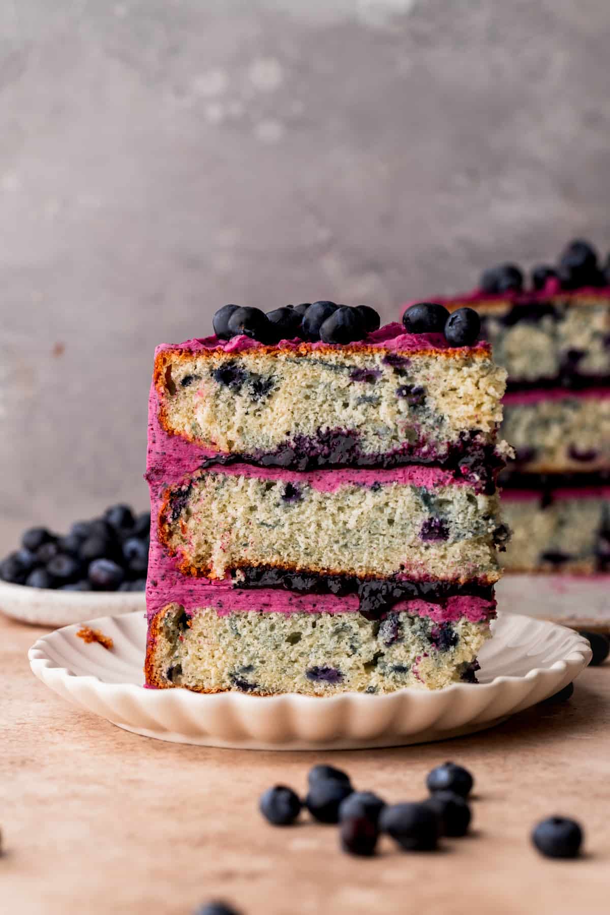 One slice of blueberry cake standing up on a plate.