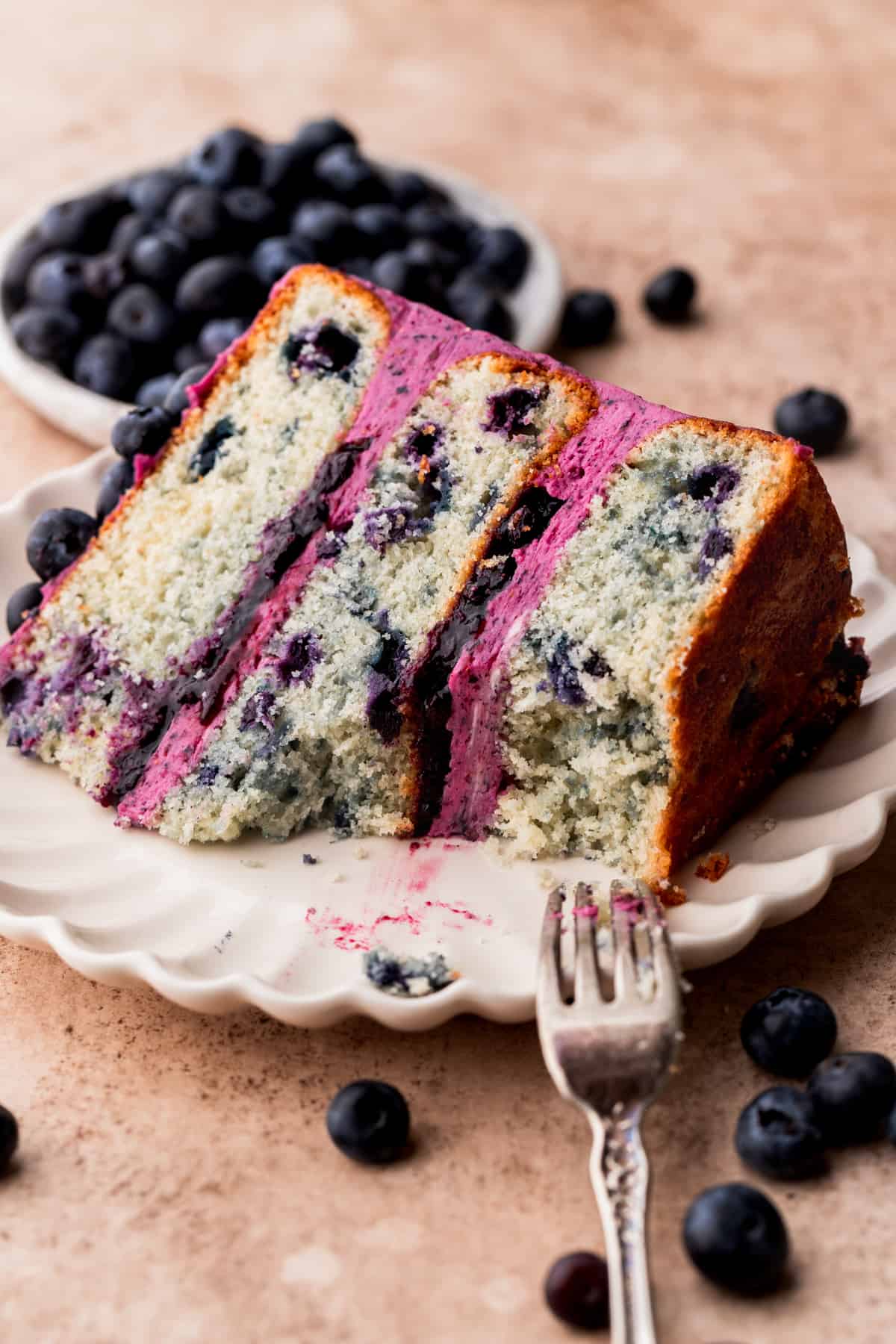 Bite missing from a piece of blueberry cake on a plate.