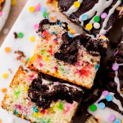 Two birthday cake brownies on its side.