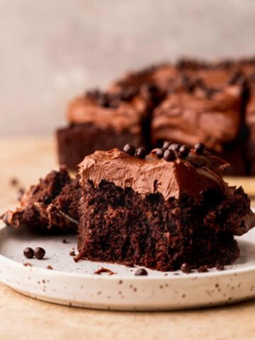 A piece of chocolate ganache cake on a plate.