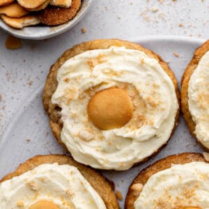 Banana pudding cookies on a white platter.