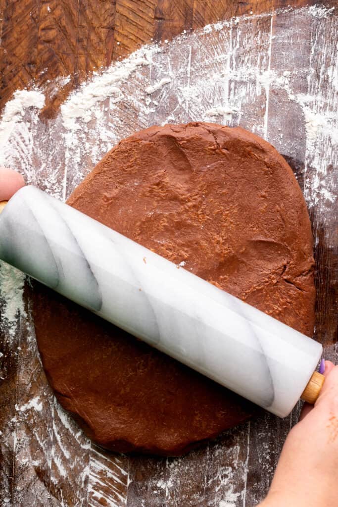 Rolling out the chocolate dough.