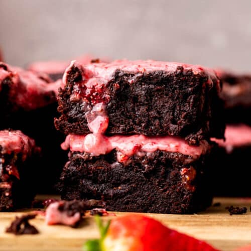 Stack of two strawberry brownies.