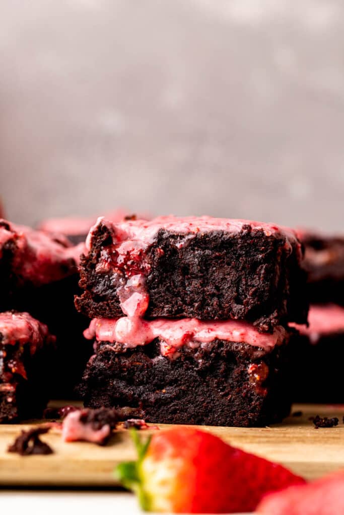 Stack of two strawberry brownies.