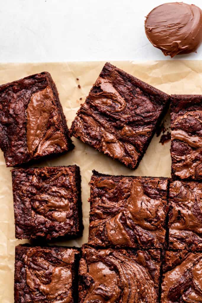 Nutella brownies on parchment paper.