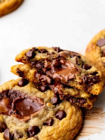 Stuffed cookies split in half.