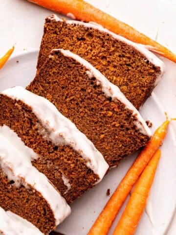 Top view of carrot bread on a platter.