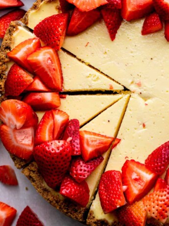 Three pieces cut into the gluten free cheesecake.