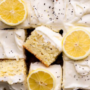 Lemon poppy seed cake with the cake slices on its side.