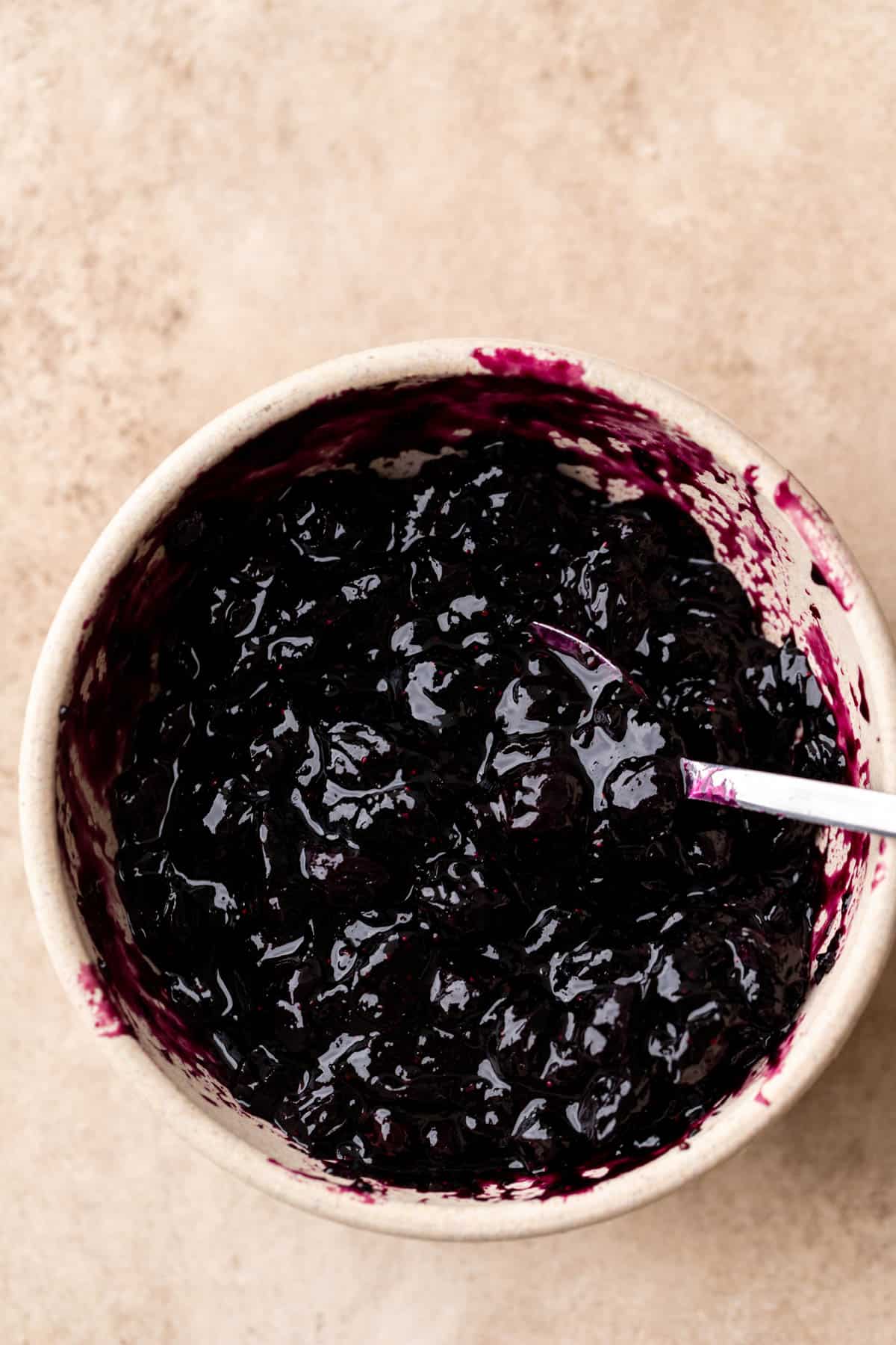 Blueberry jam in a bowl.