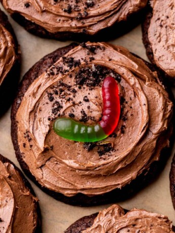 Dirt cake cookies on parchment paper.