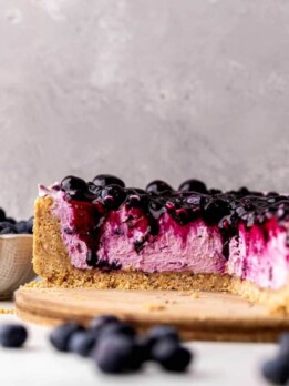 Side view of a no bake blueberry cheesecake.