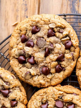 Oatmeal chocolate chip cookies in a wire rack.