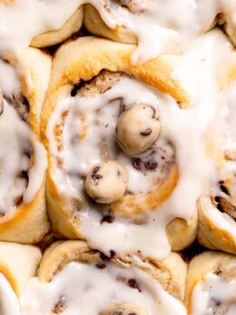 Cookie dough cinnamon rolls close up.
